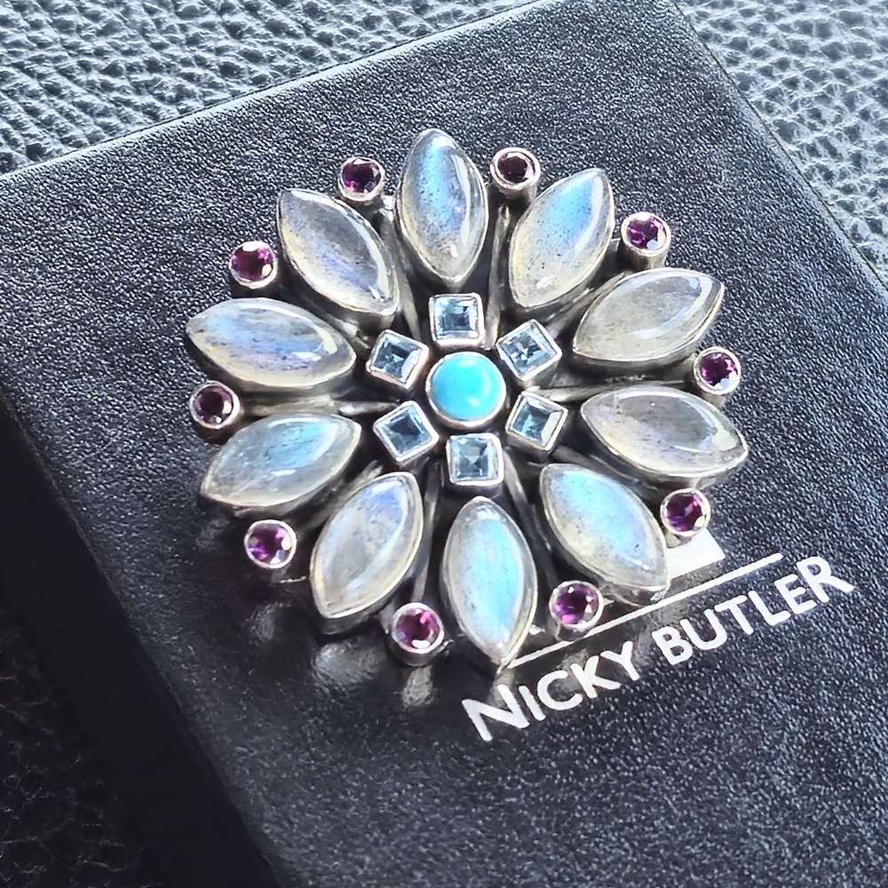 NICKY BUTLER 925 Sterling Silver NB Labradorite Turquoise Pendant Pin Brooch MIB